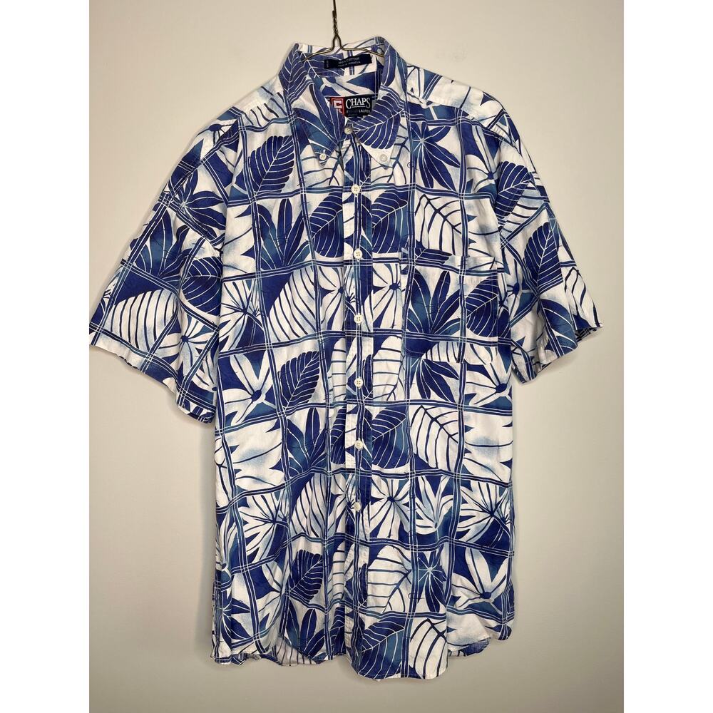 1990s Chaps Ralph Lauren Blue Hawaiian Tropical Window Pane Resort Vacay Shirt L